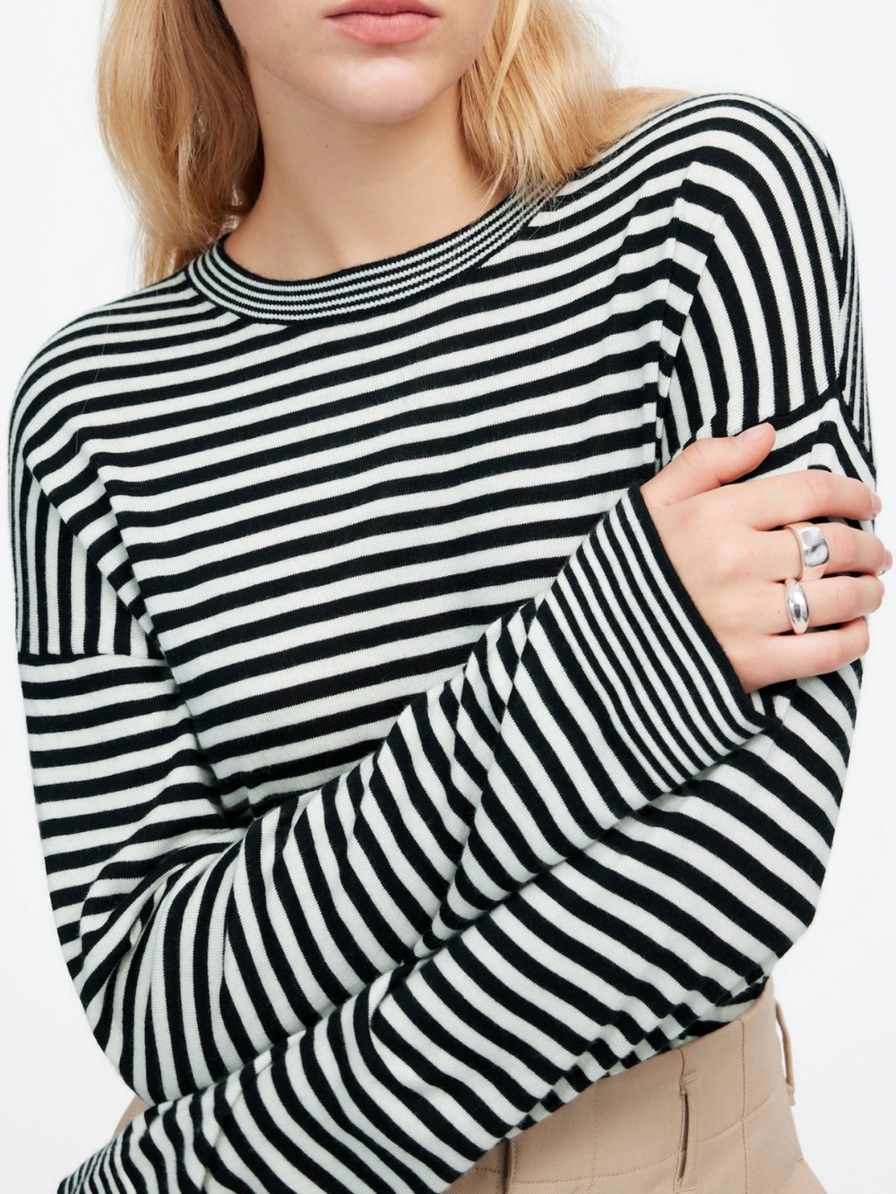 Madewell Merino Wool-Silk Blend Crewneck Sweater in Black & White Stripe, XL
